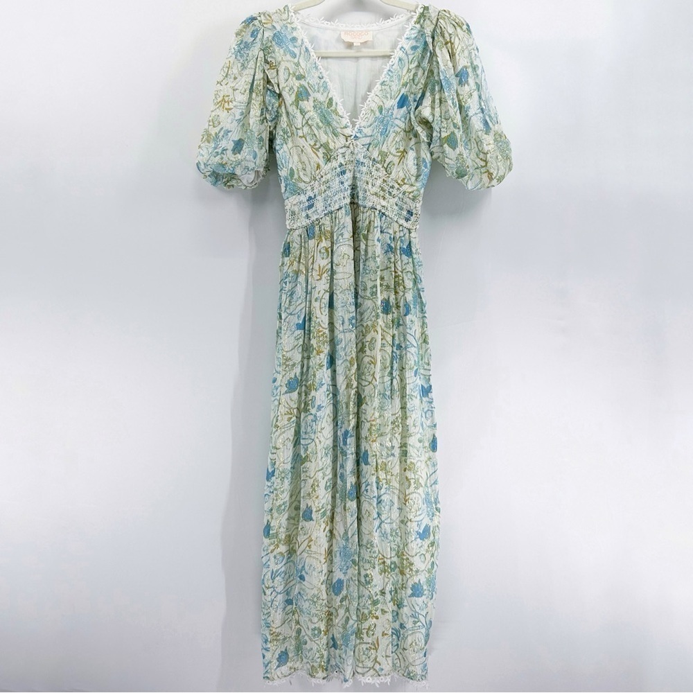 Rococo Sand Elan Blue Floral Metallic Short Puff Sleeve Midi Dress X-Small